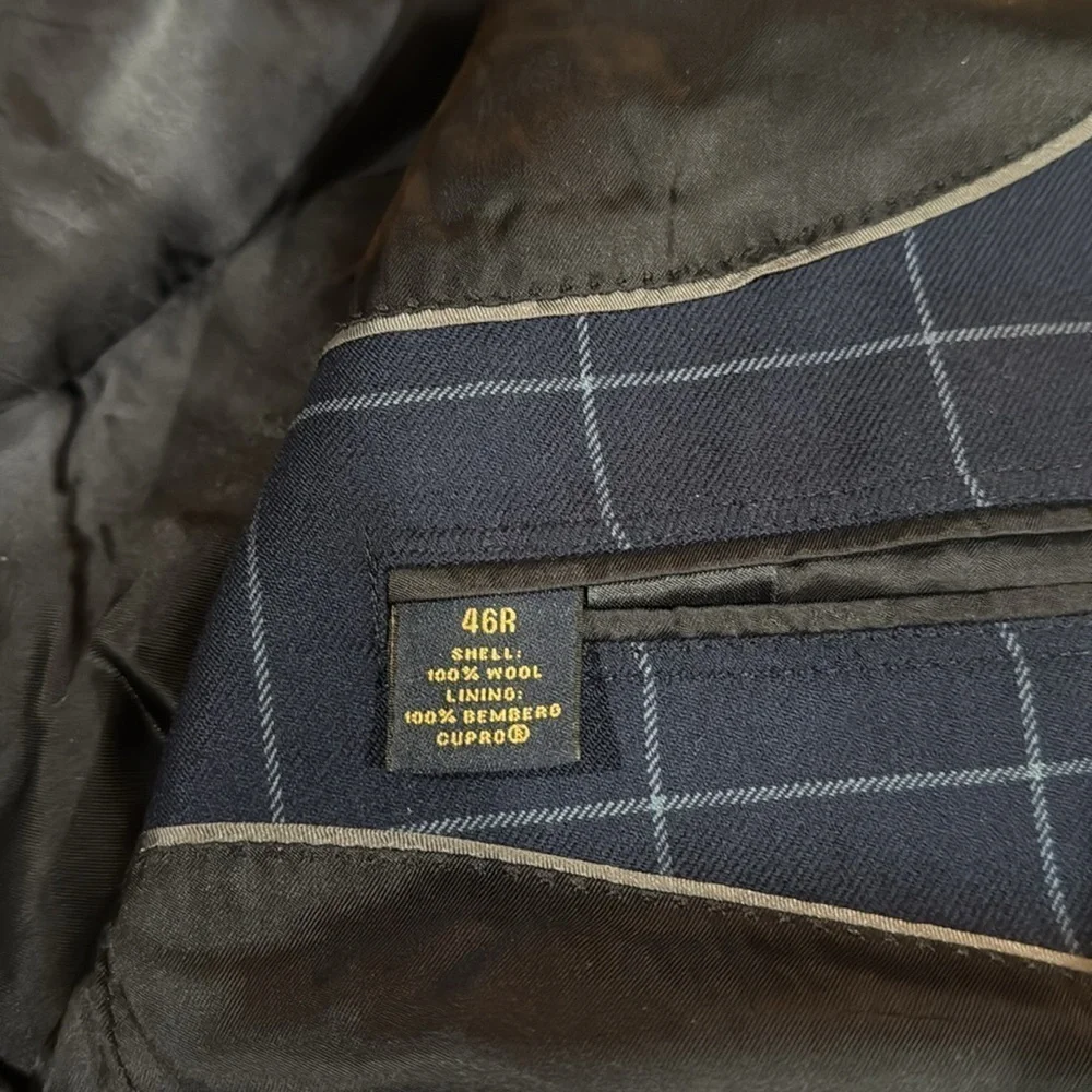 Brooks Brothers Saxon Navy Windowpane Blazer 100% Wool‎ 46R